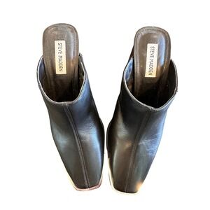 Steve Madden Playa Black Leather Square Toe Metal Tip Block‎ Heel Mules Size 8M
